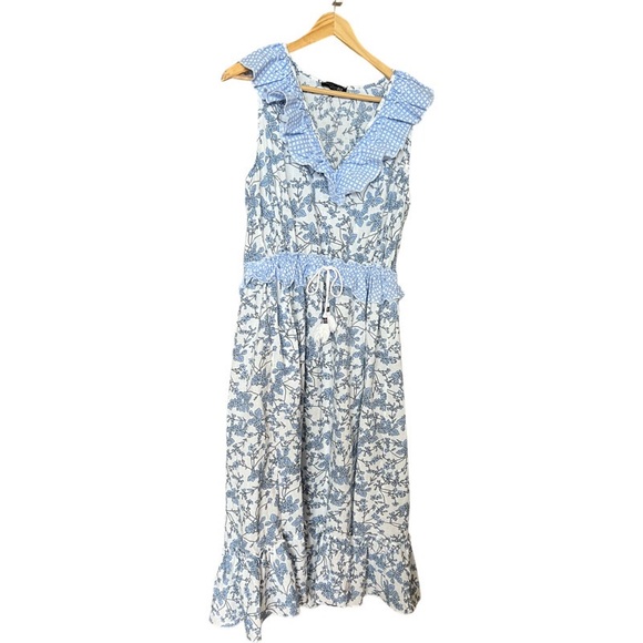 Anthropologie Magari Blue White Floral Tier Boho Midi Short Casual Dress M - Picture 5 of 9
